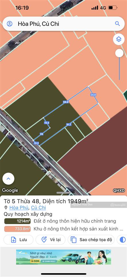 Bán đất mặt tiền đường sông lu, xã hoà phú, h củ chi, tphcm. 1.949m2 (thổ cư 1.300m2) 26,5 tỷ
