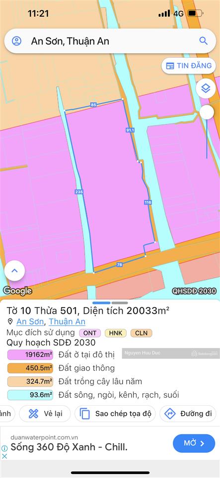 Bán 2ha đất đã có 1/500. mặt tiền sông sài gòn. xã an sơn, tp thuận an. bình dương. 750 tỷ