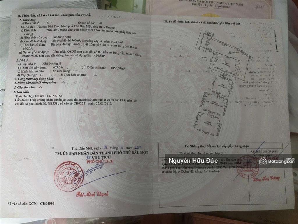 Bán nhà 5 lầu căn hộ cho thuê, p phú thọ, tp, tdm, bình dương (2.184m2) 760m2 thổ cư, 120 tỷ