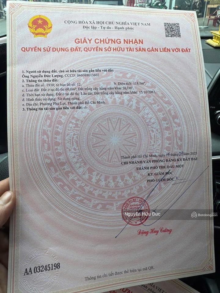 Bán đất hẻm nhựa 5m ( 5 x 24 ) 60 thổ cư . phường phú lợi , tp , thủ dầu một , bình dương . 2,6 tỷ