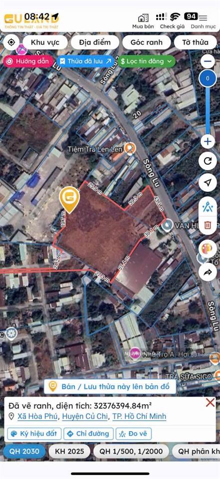 Bán đất mặt tiền đường sông lu (7.952m2 (100% thổ cư) xã hoà phú, huyện củ chi tphcm. 11tr/m2