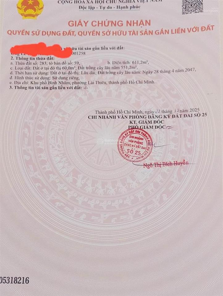 Bán đất lái thiêu 611,2m2 chỉ 6,88 triệu/m2 sổ sẵn sang tên nhanh chóng