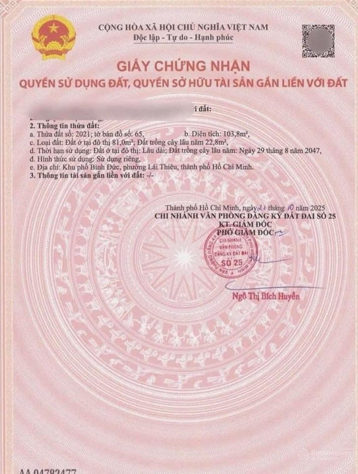 Đất lái thiêu 104m2 đường 5m giá 3.59 tỷ gần nhà thờ lái thiêu!