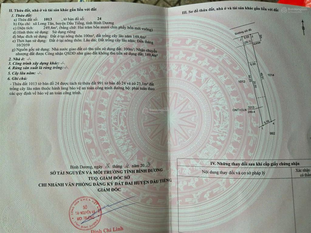 Bán 249m2 đất thổ cư long tân dầu tiếng, shr, chính chủ