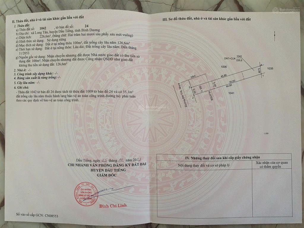 Bán đất mt đường dh716  long tân, dầu tiếng, dt 226,6m2