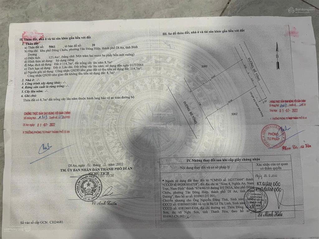 Bán lô đất đường chiêu liêu, dĩ an, tphcm  dt 8 x 15m  124m2 tách được 2 lô giá 5 tỷ tl