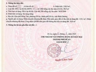 Chính chủ gởi bán đất cách đường nguyễn du 30m. dĩ an.gần chợ, trường cấp 1,2,3. dt 150m. đường 5m