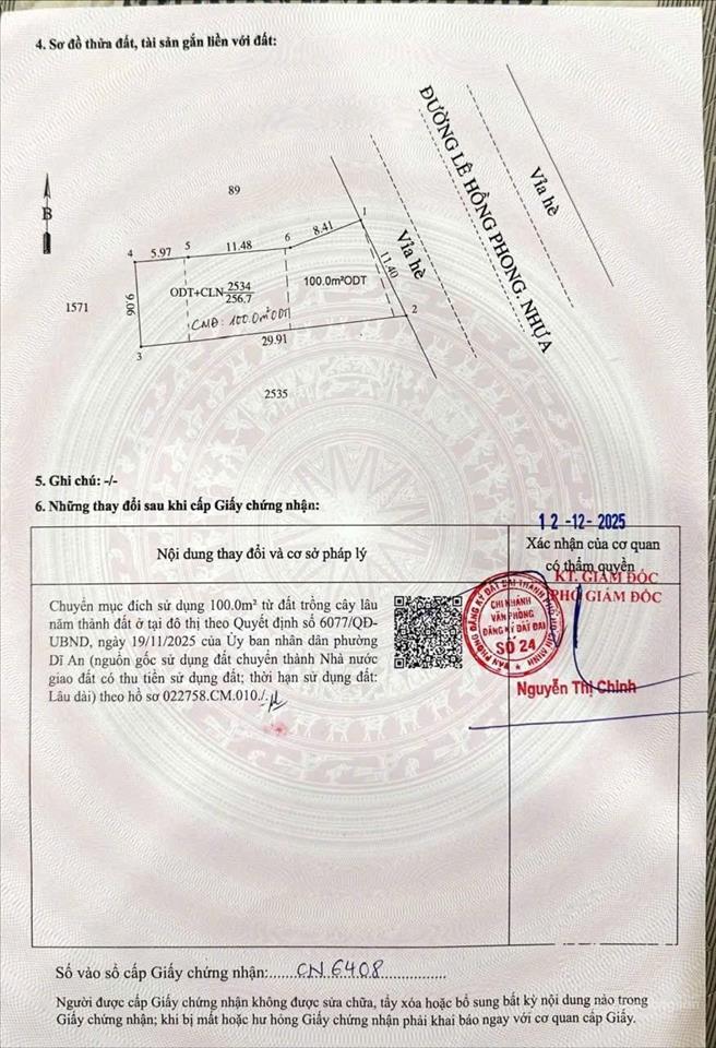 Chính chủ cần bán mt kinh doanh lê hồng phong ở ngã 3 cây điệp, dĩ an, dt 256,7m2, thổ cư 200m2