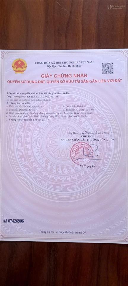 Chính chủ cần bán gấp hạ 400 triệu đất 2 mặt tiền quốc lộ 1k và d2 khu dân cư châu thới 4x25m