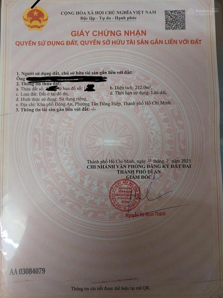 Chính chủ cần bán đất mt kinh doanh vuông vức ở tân đông hiệp. dt 212m2. t.cư 100%. sát bên chợ