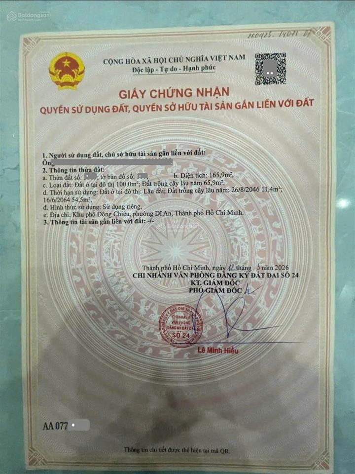 Chính chủ cần bán nhà 2 mặt tiền ở tân đông hiệp. dt 165,9m2. đường 5,5m. 3pn, 2wc. sân rộng, mát
