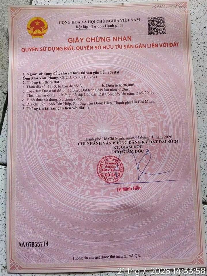 Chính chủ bán đất mặt tiền đẹp, đường thông. dt 96m2. ngang 5,3m. ở tân đông hiệp. kinh doanh tốt