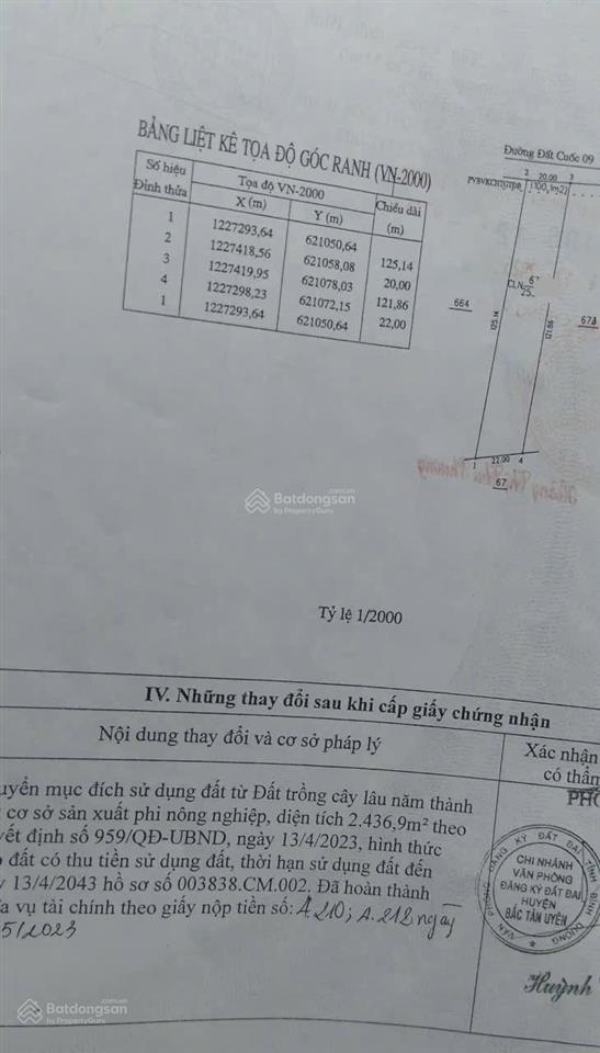 Bán gấp 2537m đất ksc đã đóng tiền một lần đường nhựa đất cuốc 09 bắc tân uyên bình dương cũ