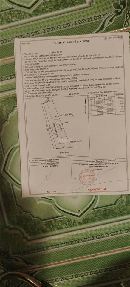 Chủ cần bán lô đất xã minh đức, tp đồng nai mới. 14x50x100 thổ cư tổng 571 m2 giá chỉ 320tr