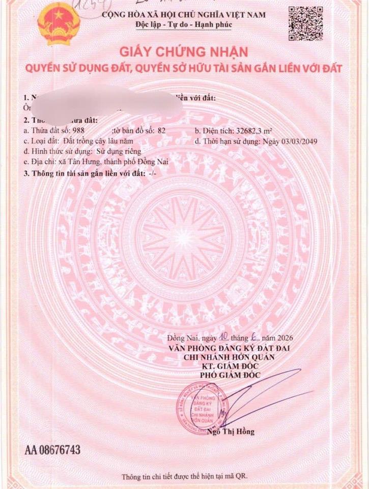 Chủ cần bán lô đất tân hưng, tp đồng nai. diện tích 32682,3m2 có 165m2 mặt tiền. giá chỉ 17 tỷ