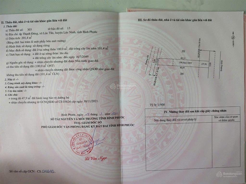 Chủ cần bán lô đất lộc tấn, lộc ninh 5x40 có 100m thổ cư, tổng 201m2. giá 200tr/nền