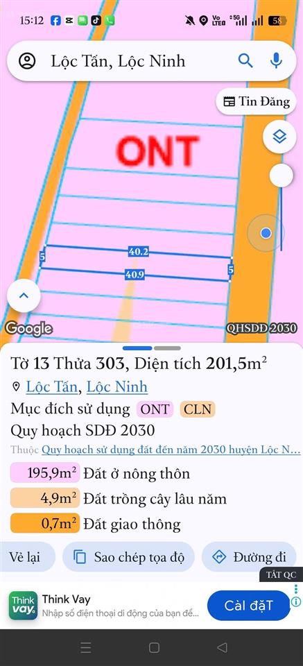 Chủ cần bán lô đất lộc tấn, lộc ninh 5x40 có 100m thổ cư, tổng 201m2. giá 200tr/nền