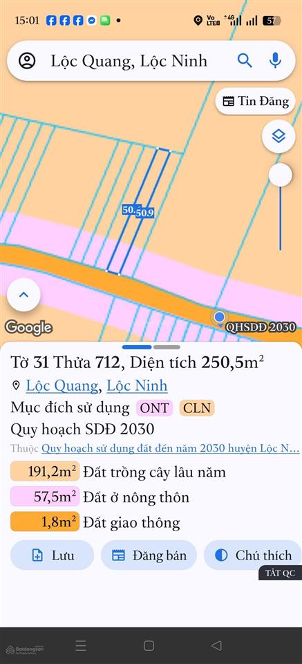 Chủ bán lô đất lộc quang, lộc ninh. diện tích 5x50x 100 thổ cư tổng 250m2. giá chỉ 195 triệu