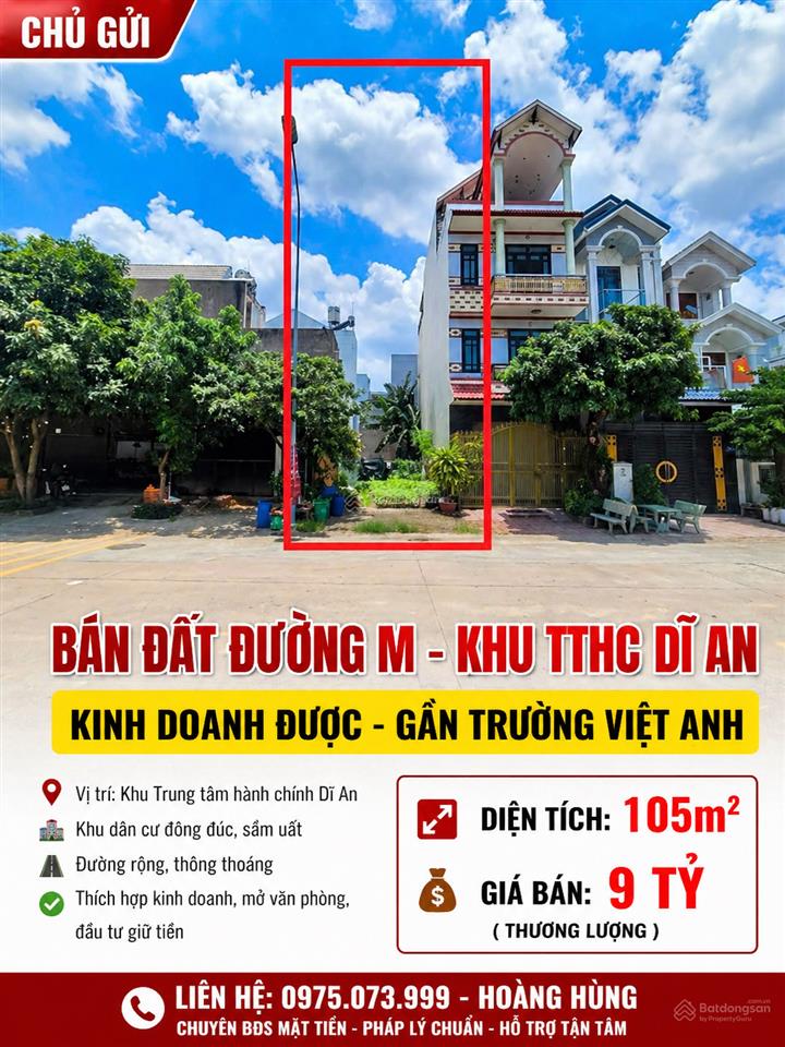 Đất đường m tthc dĩ an dt 110m2 gần trường việt anh, vị trí kinh doanh