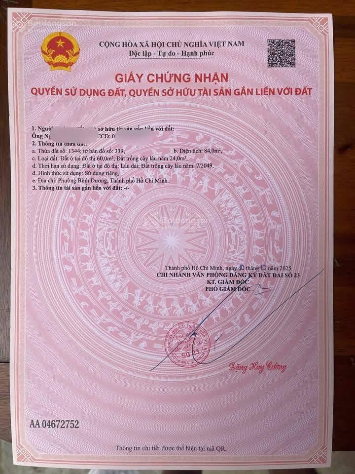 Đất dx043 phú mỹ, dt 4,5x18.7m (60m2 thổ cư) giá 2tỷ950