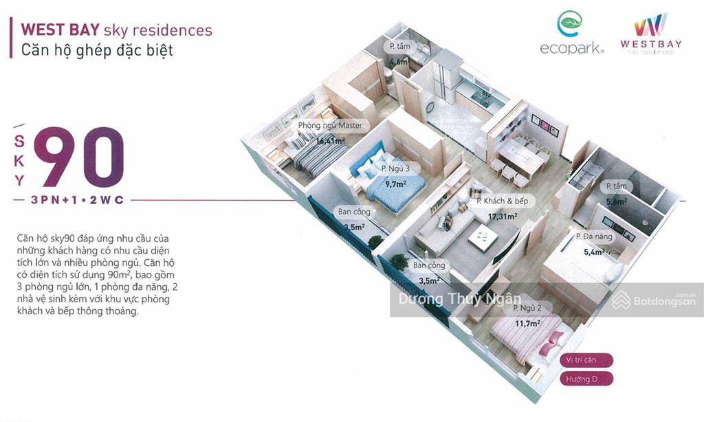 Bán cc 3pn, 2wc tại westbay sky residences, 6,4 tỷ, 90m2