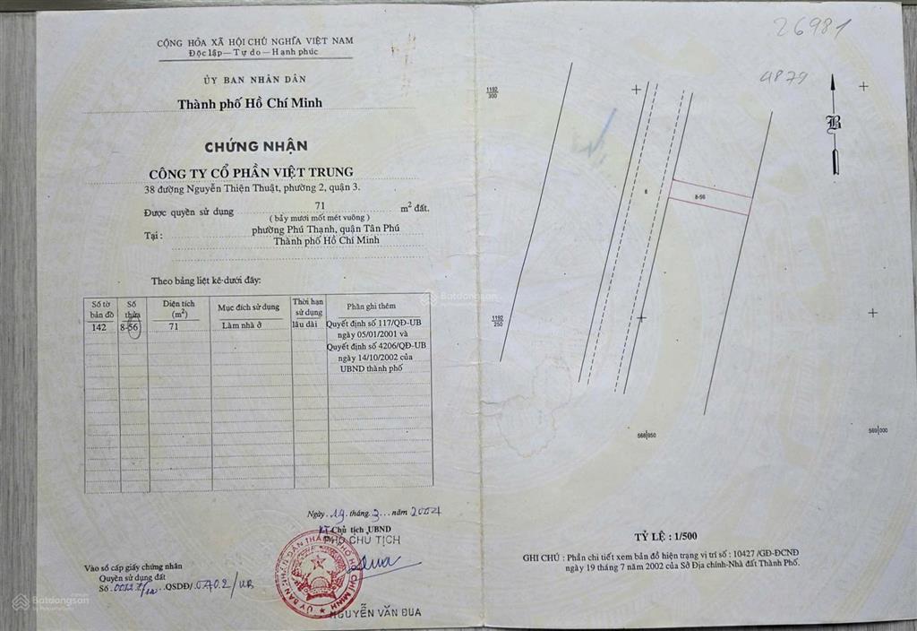 Chính chủ cần bán lô đất vị trí đẹp tại phường phú thạnh, quận tân phú, tp.hcm hẻm xe hơi 10m