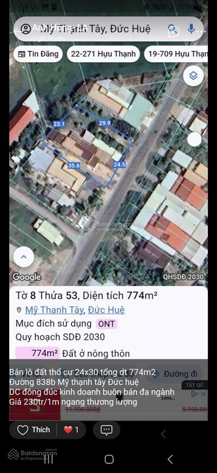 Bán đất mặt tiền đường đt 838b, xã mỹ thạnh tây, đức huệ (nay thuộc tây ninh)