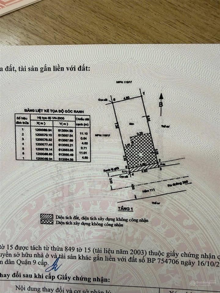 Bán đất hẻm 111 đường 385 tăng nhơn phú a, quận 9