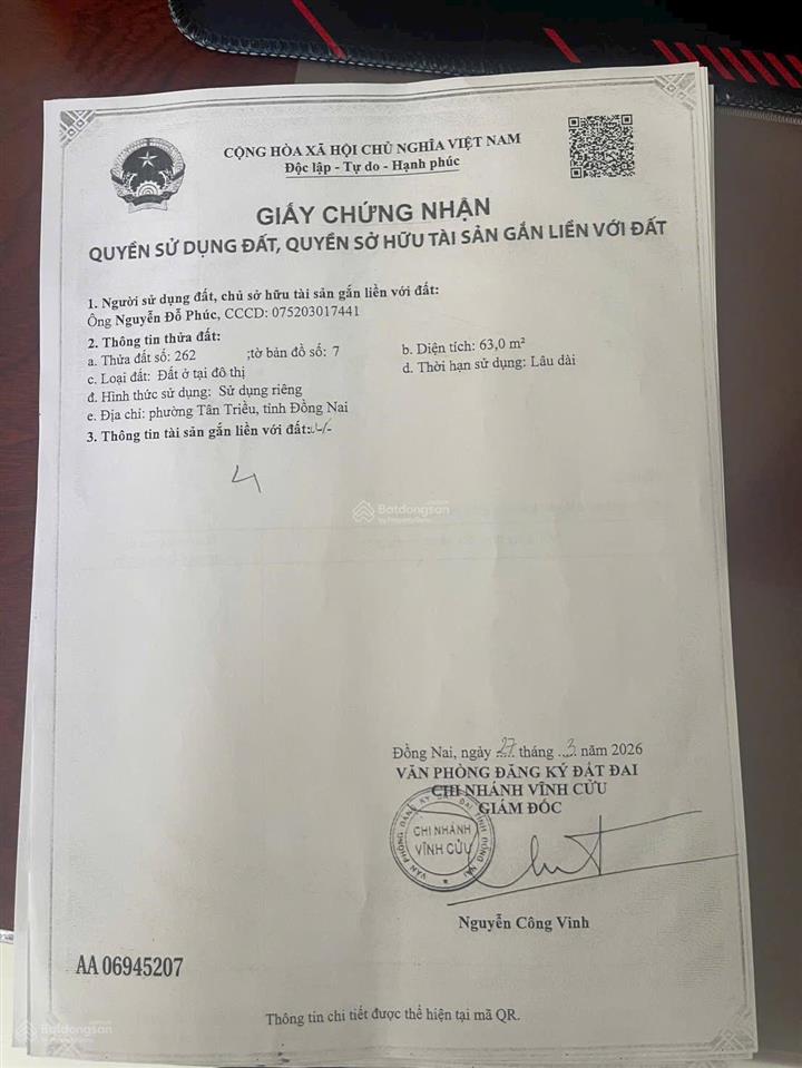 Bán đất sổ riêng thổ cư phường tân triều ,biên hoà ,đồng nai