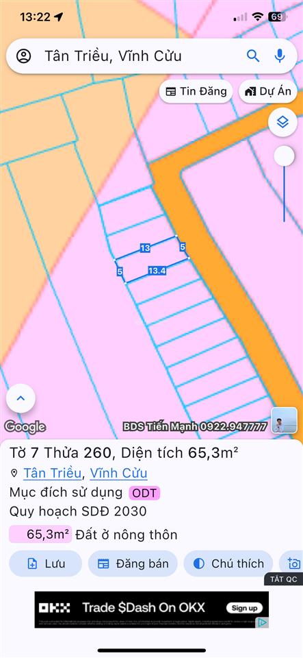 Bán đất tại hương lộ 6, thạnh phú, vĩnh cửu 980 triệu vnd, 65 m2, chính chủ uy tín