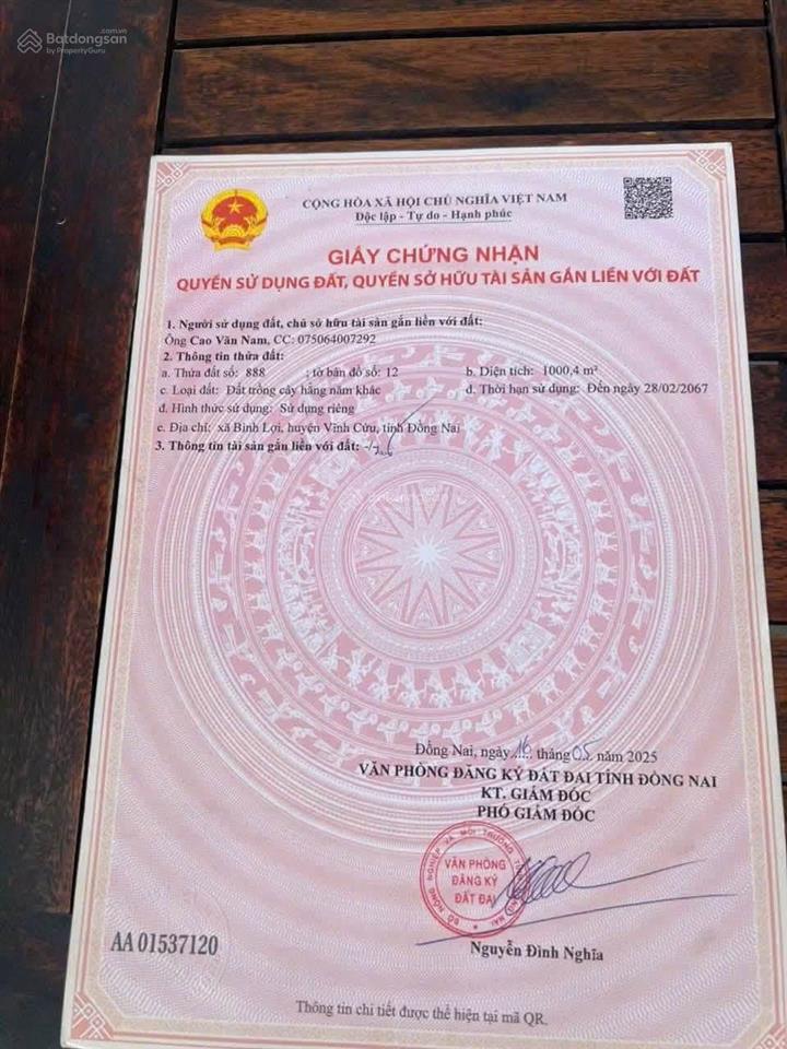 Bán đất tại đường đa lộc, xã bình lợi, huyện vĩnh cửu, đồng nai, 6,2 tỷ, 1000m2, giá ưu đãi