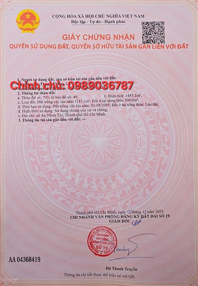 Cần bán nhanh 1.483m2 mt tỉnh lộ 7, an nhơn tây, củ chi. có 300m2 thổ, giá 9,5 tỷ tl