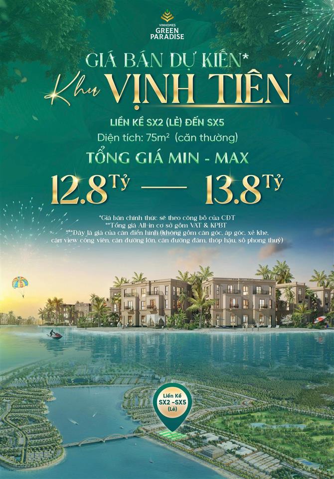 Nhận booking mở bán nhà phố liền kề 75m2 vịnh tiên dự án vinhomes green paradise  0903 040 ***