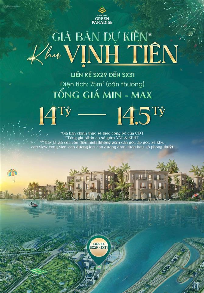 Nhận booking mở bán nhà phố liền kề 75m2 vịnh tiên dự án vinhomes green paradise  0903 040 ***