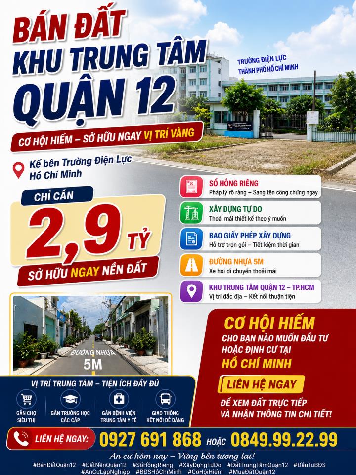 Ai chưa có đất Sài Gòn, chỉ 2,9ty ngay TT Q12, bên trường Điện Lực HCM