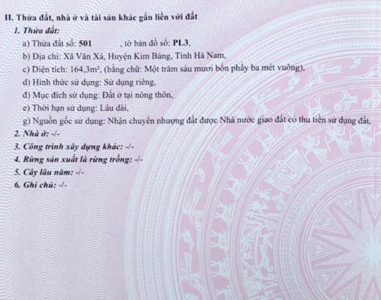 Thanh lý đất mặt đường liên xã Văn Vá, Kim Bảng, Hà Nam (Mặt đường trục chính), 164.3m2,