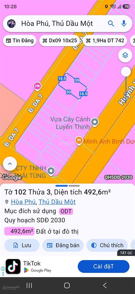 Bán đất đường da7 khu đô thị mới hòa phú ngang 16,5x30m giáp vòng xoay tttm a1, ga metro giá tốt