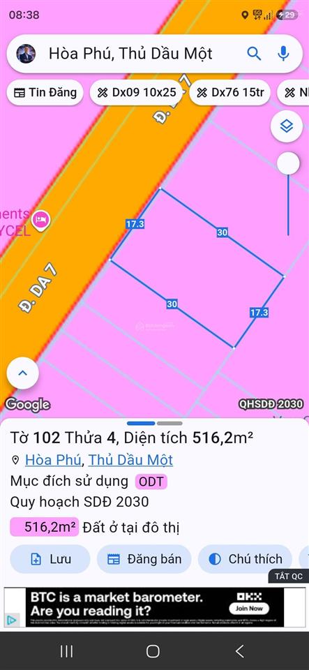 Đất đường da7 khu đô thị mới hòa phú ngang 17,3x30m kế bên vòng xoay tttm a1, nhà ga metro, giá tốt