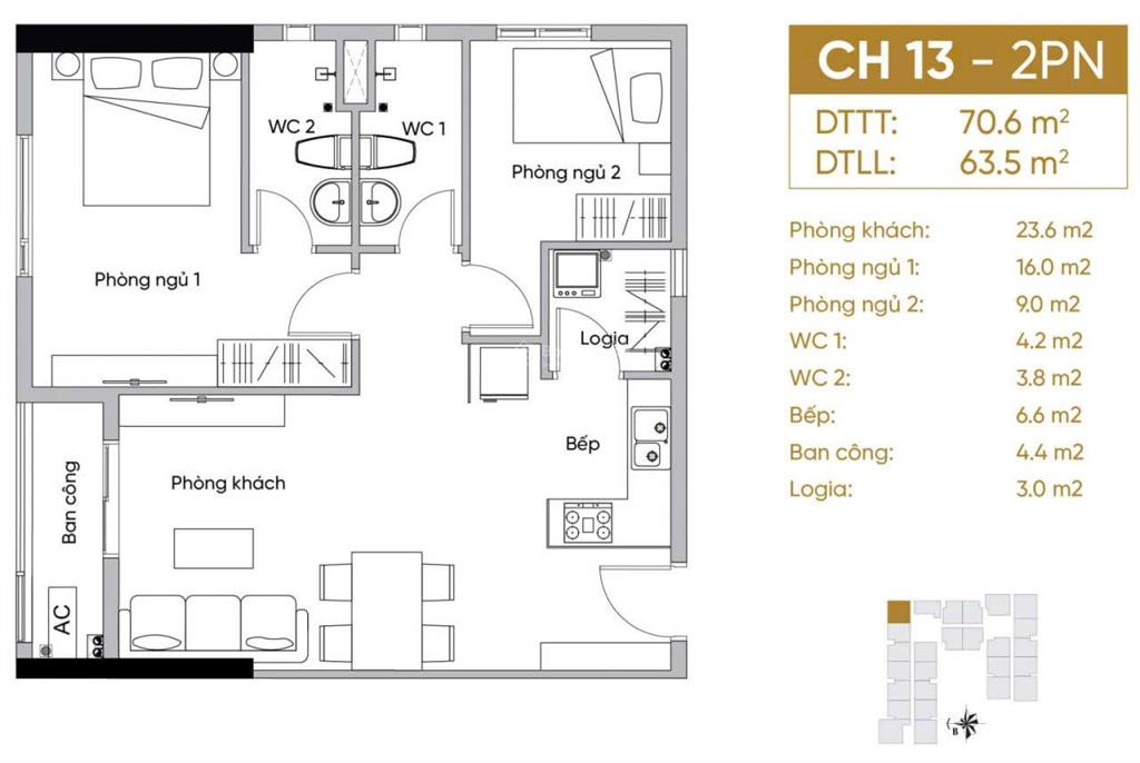 Bán căn hộ phúc đạt tower, căn 70m²/2pn/2wc  giá 2 tỷ 650