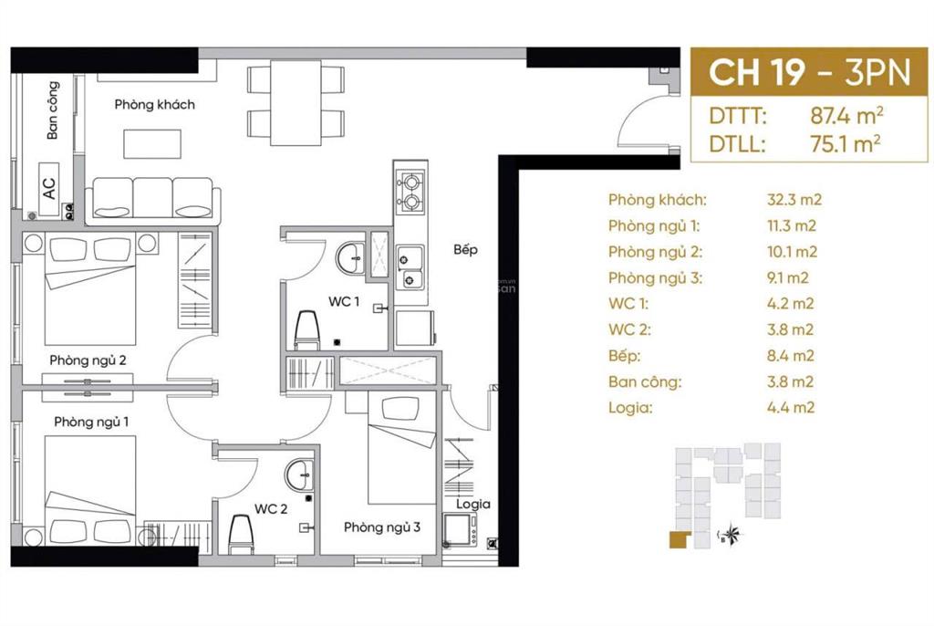 Cho thuê căn hộ phúc đạt 3 phòng ngủ  87m2, 2wc  giá 8.5 triệu/tháng