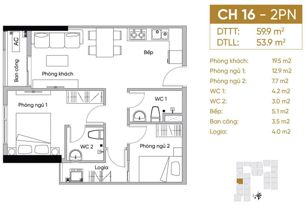 Cho thuê căn hộ phúc đạt 2pn/2wc 60m giá 6,5 triệu