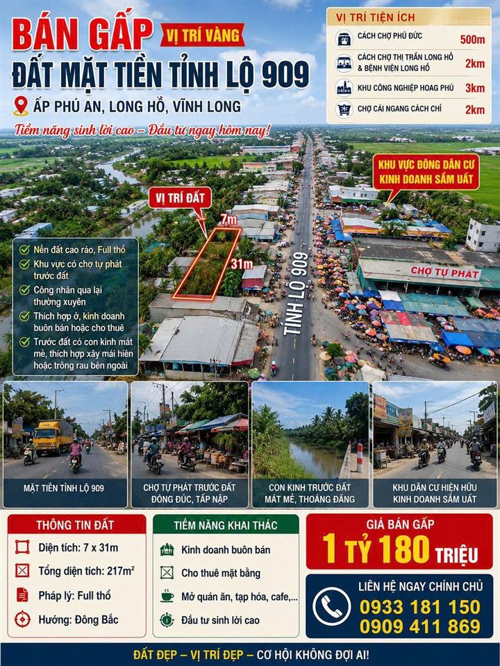 Bán gấp đất mặt tiền tỉnh lộ 909  long hồ full thổ 217m2