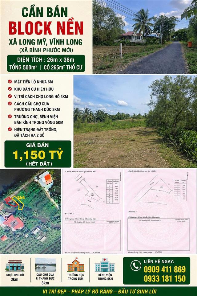 Cần bán block nền long mỹ, vĩnh long diện tích 500m²