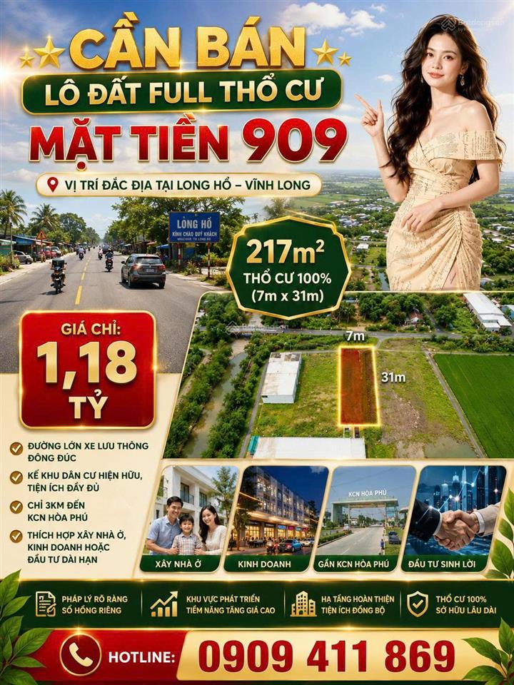 Cần bán lô đất full thổ cư mặt tiền 909 long hồ, vĩnh long