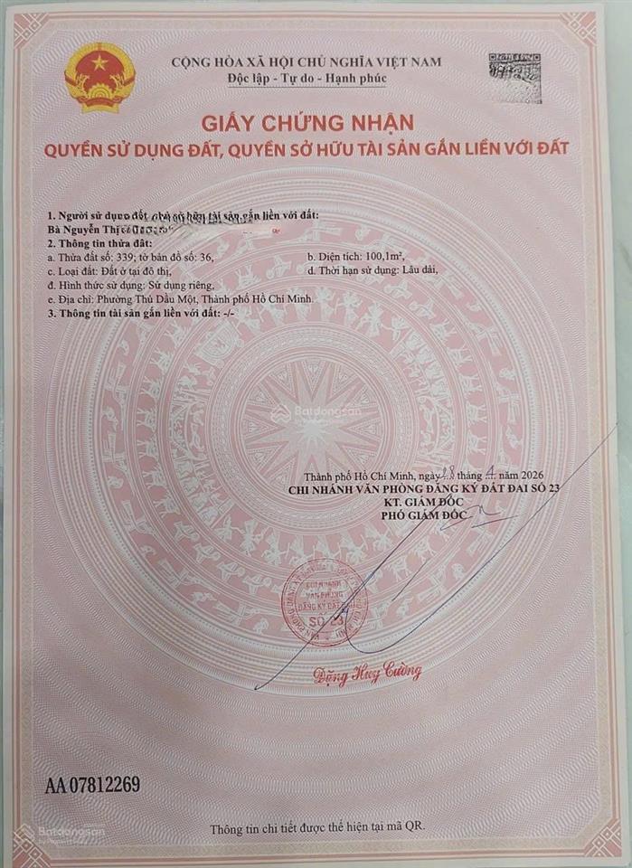 Bán đất tại chánh nghĩa, thủ dầu một, 4,95 tỷ, 100,1m² giá cực chất