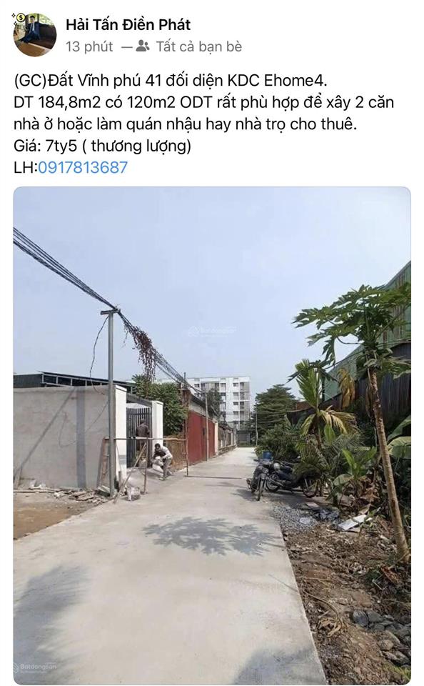 Cần bán lô đất vĩnh phú 41 vào 1/ ngang 8,5x21,19 tổng diện tích 184,8m2 có 120m2 odt. giá 7tỷ5