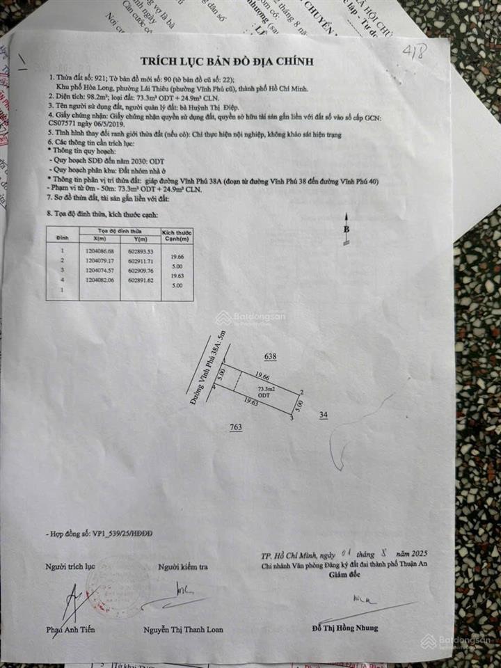 Chính chủ cần bán nhanh lô đất mt vĩnh phú 38a. dt 100m2 có 74m2 odt kinh doanh buôn bán được