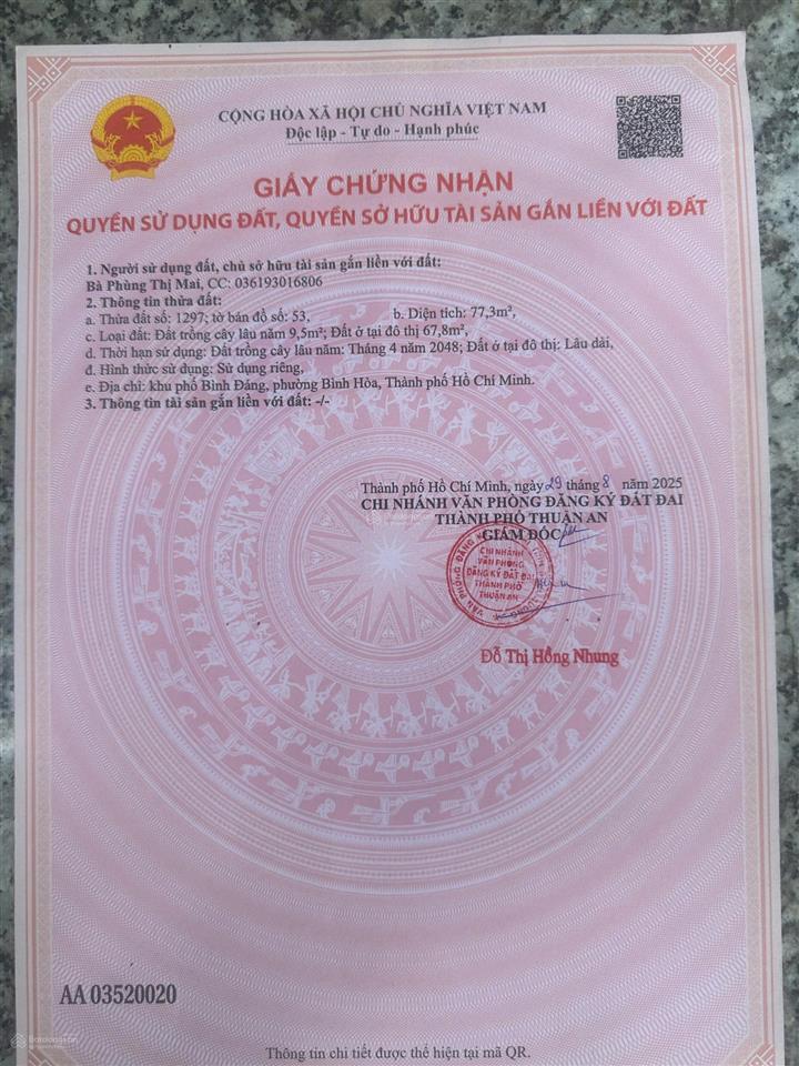 Chính chủ cần bán lô đất bình hoà 15, dt 77,3m2 có 67m2 odt đường xe hơi, giá 3ty2 0917 813 ***