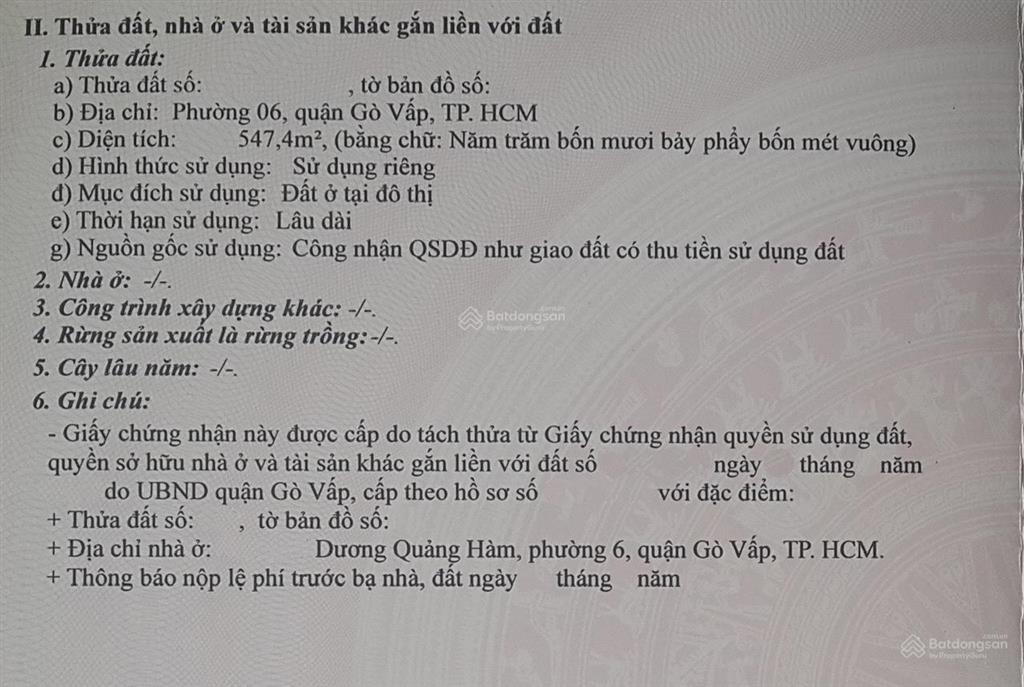 Bán lô đất đẹp 20x29m2 mt đường 12m có vỉa hè full thổ cư, không ồn máy bay, dương quảng hàm p6 gv