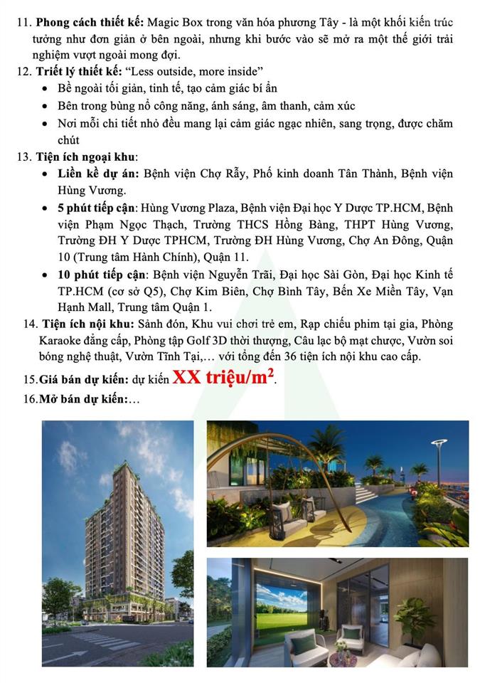 Căn hộ trung tâm q.5 còn sót lại. giá chỉ xxtr/m2 . quý1/ 2027 nhận nhà. sở hữu các tiện ích ccấp